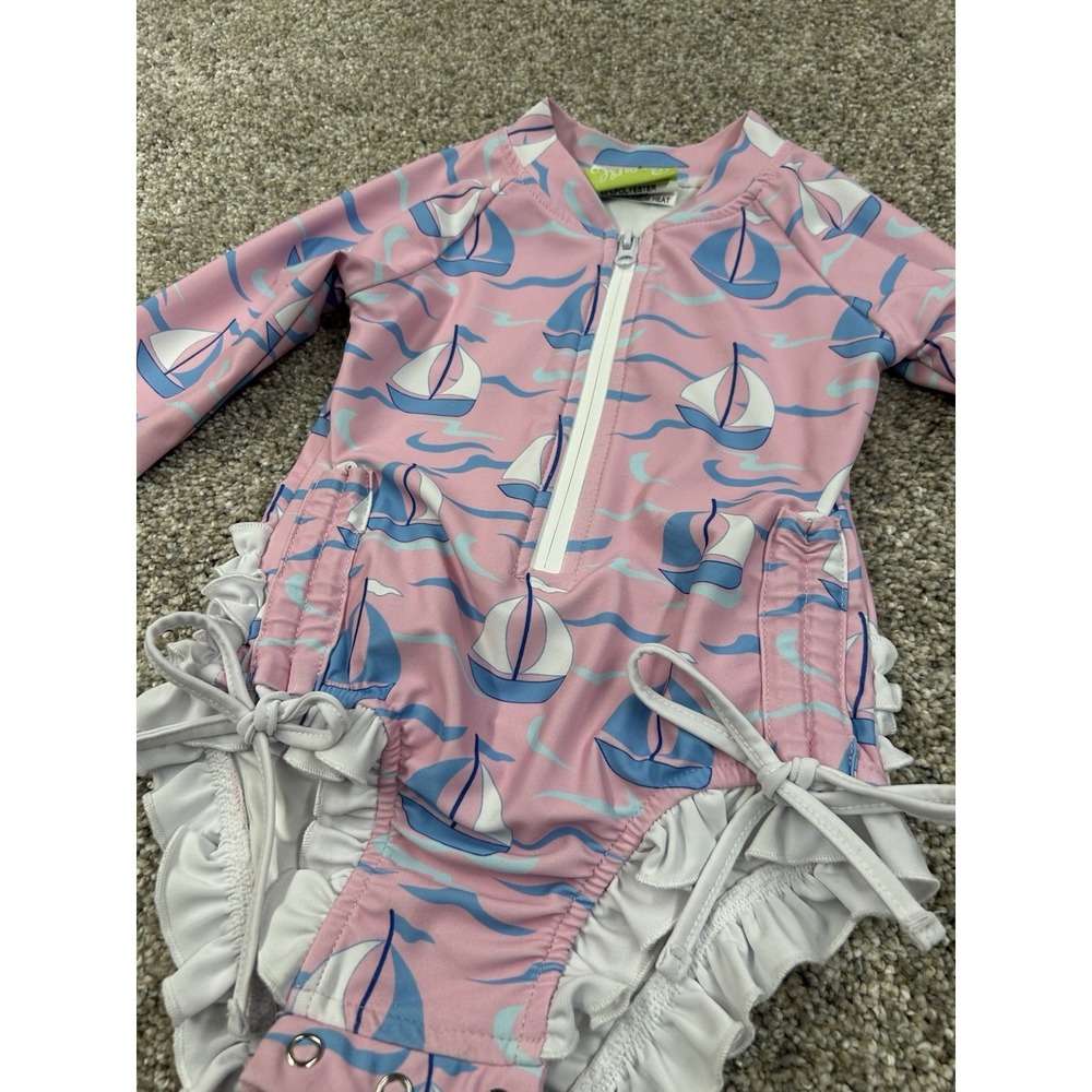 Classic Whimsy Long Sleeve One Piece Rash Guard Pink Seas The Day Ruffles 18-24m